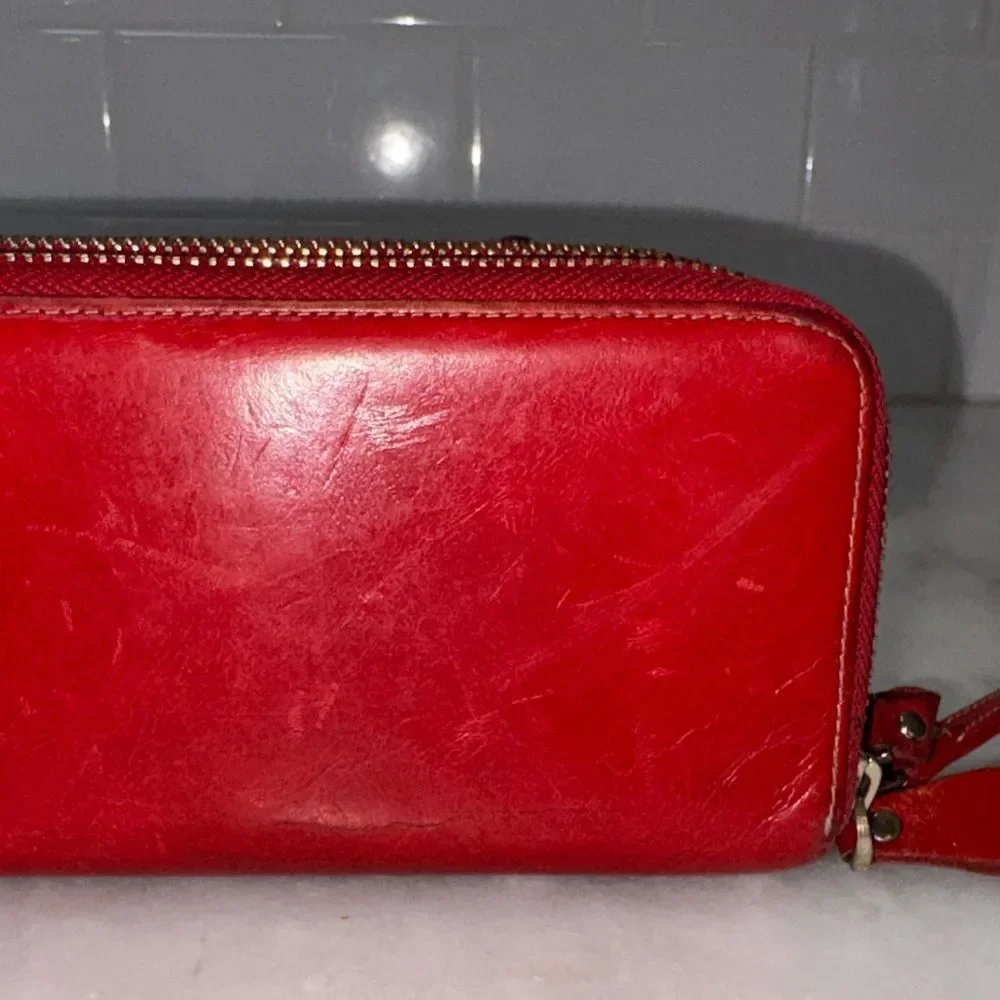 Borgasets Wallet Clutch Red Leather Double  Zip Around Wristlet